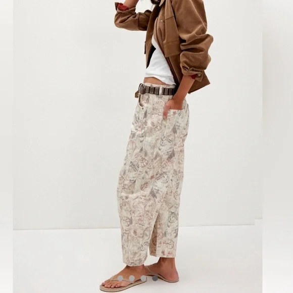 We The Free Neutral Floral Print Wide-Leg Jeans